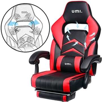 Amazon Brand - Umi Gaming Stuhl, Bürostuhl mit Fußstütze und Lendenkissen, höhenverstellbare Schreibtischstuhl, drehbar, ergonomisch, 90-135° Neigungswinkel, bis 150kg belastbar, schwarz-rot - 4