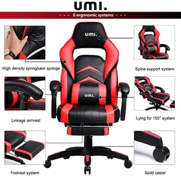 Amazon Brand - Umi Gaming Stuhl, Bürostuhl mit Fußstütze und Lendenkissen, höhenverstellbare Schreibtischstuhl, drehbar, ergonomisch, 90-135° Neigungswinkel, bis 150kg belastbar, schwarz-rot - 5