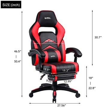 Amazon Brand - Umi Gaming Stuhl, Bürostuhl mit Fußstütze und Lendenkissen, höhenverstellbare Schreibtischstuhl, drehbar, ergonomisch, 90-135° Neigungswinkel, bis 150kg belastbar, schwarz-rot - 6