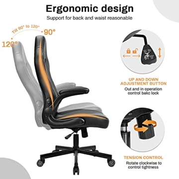 BASETBL Bürostuhl Gaming Stuhl Racing Stuhl mit großer Sitzfläche ergonomischem Design hochklappbarer Armlehne Wippfunktion Höhenverstellung 150kg belastbar Schwarz - 4