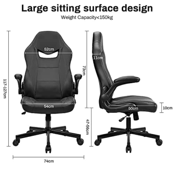 BASETBL Bürostuhl Gaming Stuhl Racing Stuhl mit großer Sitzfläche ergonomischem Design hochklappbarer Armlehne Wippfunktion Höhenverstellung 150kg belastbar Schwarz - 6