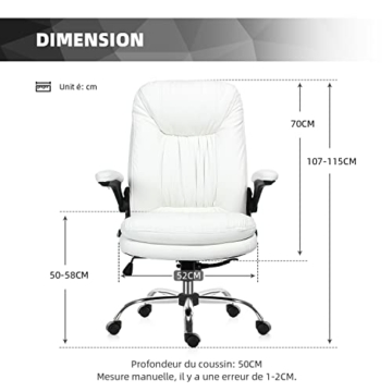 Chefsessel Bürostuhl,hohe Rückenlehne Ergonomischer Schreibtischstuhl,Computerstuhl mit hochklappbaren Armlehnen,Konferenzstuhl mit Rollen PU-Leder (Weiß) - 5