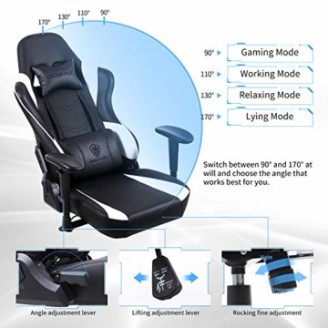 Dowinx Ergonomic Reclining Racing Style Gaming Stuhl mit Lordosenmassage, Computer Schreibtischstuhl, PU-Leder, E-Sports Gaming Stühle mit einziehbarer Fußstütze (schwarz & weiß) - 2