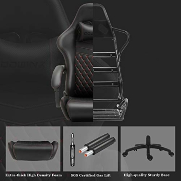 Dowinx Gaming Stuhl Bürostuhl Ergonomischer PC-Stuhl mit Massage Lendenwirbelstütze, Racing Stil PU Leder Hohe Rückenlehne Verstellbarer Drehsessel mit Fußstütze (Schwarz & Rot) - 4