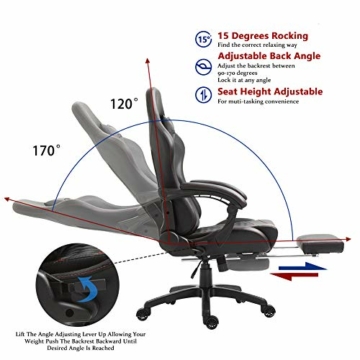 Dowinx Gaming Stuhl Bürostuhl Ergonomischer PC-Stuhl mit Massage Lendenwirbelstütze, Racing Stil PU Leder Hohe Rückenlehne Verstellbarer Drehsessel mit Fußstütze (Schwarz & Rot) - 5