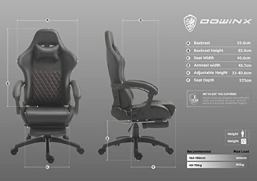 Dowinx Gaming Stuhl Bürostuhl Ergonomischer PC-Stuhl mit Massage Lendenwirbelstütze, Racing Stil PU Leder Hohe Rückenlehne Verstellbarer Drehsessel mit Fußstütze (Schwarz & Rot) - 6