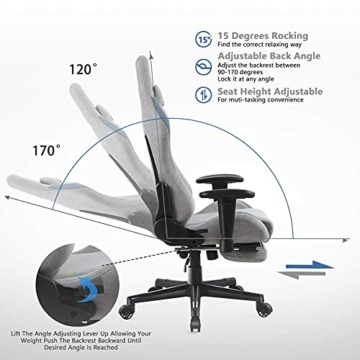 Dowinx Gaming Stuhl Bürostuhl mit Massage-Lendenwirbelstütze, atmungsaktiver Stoff hohe Rückenlehne Verstellbarer Drehstuhl mit Fußstütze (Grau) - 4