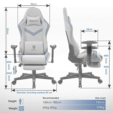 Dowinx Gaming Stuhl Bürostuhl mit Massage-Lendenwirbelstütze, atmungsaktiver Stoff hohe Rückenlehne Verstellbarer Drehstuhl mit Fußstütze (Grau) - 5