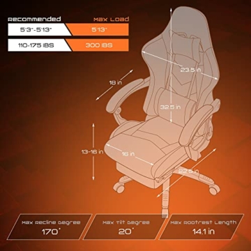 Dowinx Gaming Stuhl Ergonomischer Büro Lehnstuhl für PC mit Massage Lordosenstütze, Racing Stil Sessel PU-Leder-E-Sport-Gamer Stühle mit Ausziehbarem Fußraste (schwarz&orange) - 6