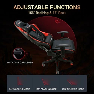 Hbada Gaming Stuhl Racing Stuhl Bürostuhl Chefsessel ergonomischer Drehstuhl Computerstuhl Kunstleder mit Kopfstütze und Ledenkissen Rot - 4