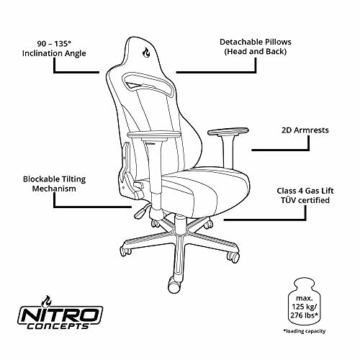 NITRO CONCEPTS E250 Gaming Stuhl - Bürostuhl Ergonomisch Schreibtischstuhl Zocker Stuhl Gaming Sessel Drehstuhl mit Rollen Stoffbezug Belastbarkeit 125 Kilogramm Schwarz - 7