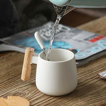 R RUNVEL Espressotassen Kaffeetassen groß Kaffeetassen mit Deckel und Edelstahllöffel KeramikTasse mit Holzgriff 400 ML Tassen kaffeebecher Coffee Cup Weiß - 3