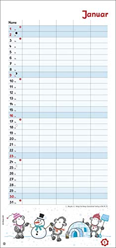 sheepworld Familienplaner 2022 - Wandkalender mit Monatskalendarium, 5 Spalten, Schulferien, 2 Stundenpläne, 3-Monats-Ausblick Januar bis März 2023 - 21 x 45 cm - 2