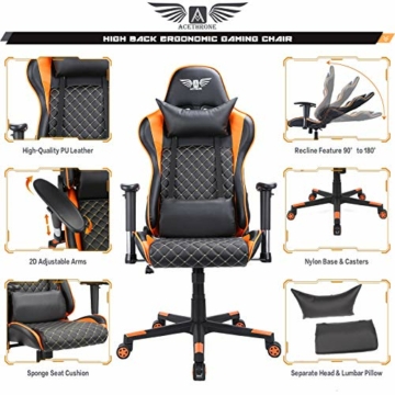 Acethrone Gaming-Stuhl ergonomischer,E-Sports Stuhl Bequemer Computerstuhl Rückenlehne,165° neigbar mit Kopfstütze und Lendenkissen Gamer-Sitz Höhe & Armlehnen verstellbar 360 ° drehbarstuhl (Orange) - 2