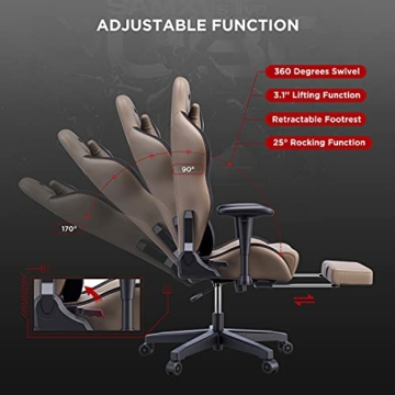 AutoFull Gaming Stuhl Bürostuhl Gamer Ergonomischer Schreibtischstuhl PC-Stuhl mit hoher Rückenlehne und Lendenwirbelstütze,Einstellbare Sitzhöhe und Rückenlehnenneigung, Fußstütze,Braun - 5