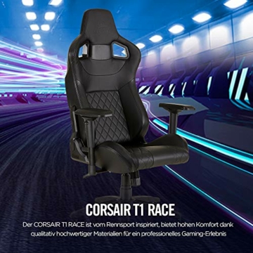 Corsair T1 Race Racing Gaming-Stuhl aus Kunstleder, einfache Montage, ergonomisches Drehgelenk, höhenverstellbar und 4D-Armlehnen, Lordosenstütze, bequem mit Liege - Schwarz - 2
