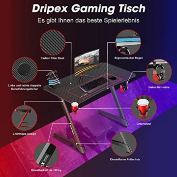 Dripex Gaming Tisch, Schreibtisch Gaming mit Großer Oberfläche, Z-förmiger Stabiler Bein und Kohlefaser-Desktop, mit Getränke-, Gamepad- und Kopfhörerhalter, 110x75x60cm, Schwarz - 2