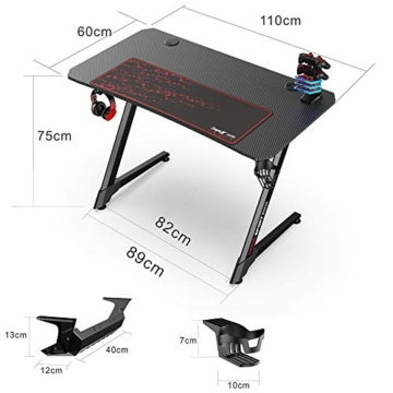 Dripex Gaming Tisch, Schreibtisch Gaming mit Großer Oberfläche, Z-förmiger Stabiler Bein und Kohlefaser-Desktop, mit Getränke-, Gamepad- und Kopfhörerhalter, 110x75x60cm, Schwarz - 5