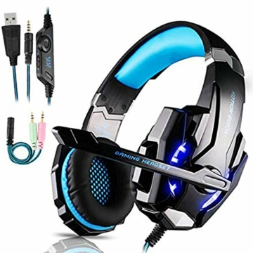 FUNINGEEK Gaming Headset für PS4 PC Xbox One, Professional Kopfhörer mit Mikrofon für Laptop/Mac/Tablet/Smartphone mit LED Licht 3.5mm Surround Sound Noise Cancelling (Blau) - 1
