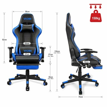 Gaming Stuhl Blau VADIM Ergonomischer Stuhl mit Fußstütze Computerstuhl 90-155 Grad verstellbar für die Arbeit zu Hause - 4