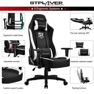 GTPLAYER Gaming Stuhl Stoff Bürostuhl Gamer Ergonomischer Stuhl Einstellbare Armlehne Einteiliger Stahlrahmen von der Leinen machartige Oberfläche Schwarz - 3