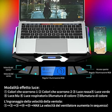 ICE COOREL K9 Laptop kühler/Notebook-Kühlhalterung, RGB-Gaming-Kühlpad für 12-17 Zoll, mit 6 leisen Lüftern, 5 höhenverstellbar, LCD-Bildschirm und 1 Handyhalterung… - 4