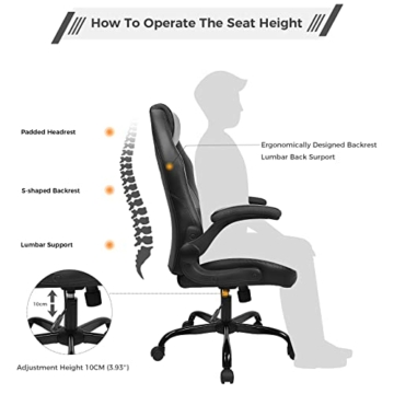 BASETBL Bürostuhl ergonomisch 150kg mit klappbaren armlehnen, Gaming PC Stuhl mit breite sitzfläche, Chefsessel, Drehstuhl mit hoher Rückenlehne und Hochklappbarer Rollen - 2