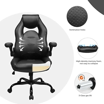 BASETBL Bürostuhl ergonomisch 150kg mit klappbaren armlehnen, Gaming PC Stuhl mit breite sitzfläche, Chefsessel, Drehstuhl mit hoher Rückenlehne und Hochklappbarer Rollen - 4