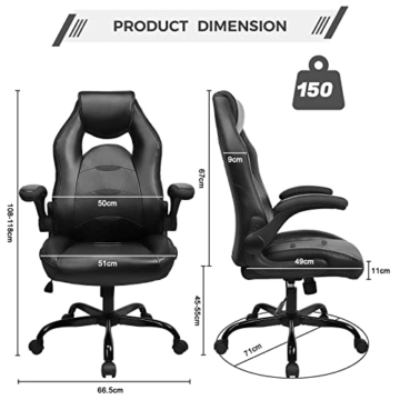 BASETBL Bürostuhl ergonomisch 150kg mit klappbaren armlehnen, Gaming PC Stuhl mit breite sitzfläche, Chefsessel, Drehstuhl mit hoher Rückenlehne und Hochklappbarer Rollen - 8