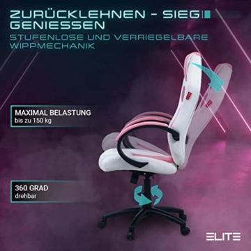 ELITE Gaming Stuhl MG100 Exodus - Ergonomischer Bürostuhl - Schreibtischstuhl - Chefsessel - Sessel - Racing Gaming-Stuhl - Gamingstuhl - Drehstuhl - Chair - Kunstleder Sportsitz (Weiß/Pink) - 3