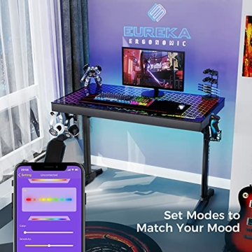 EUREKA ERGONOMIC Gaming Tisch mit RGB 110cm Gaming Schreibtisch Glass Gamer Computertisch mit Music Reactive RGB LED-Beleuchtung via App-Steuerung, Schwarz - 3