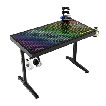 EUREKA ERGONOMIC Gaming Tisch mit RGB 110cm Gaming Schreibtisch Glass Gamer Computertisch mit Music Reactive RGB LED-Beleuchtung via App-Steuerung, Schwarz - 1