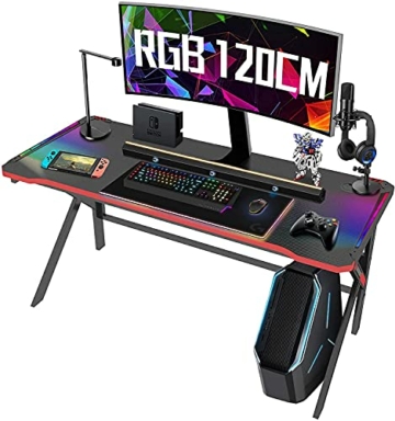Gaming Tisch, Arespark Gaming PC Schreibtisch mit Leistungsstarkes Kabelmanagement, Stabil Metall-K Beine, Kohlefaser-Tischplatten Ergonomic Gamer Schreibtisch (120 x 60 cm mit RGB) - 1