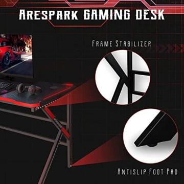 Gaming Tisch, Arespark Gaming PC Schreibtisch mit Leistungsstarkes Kabelmanagement, Stabil Metall-K Beine, Kohlefaser-Tischplatten Ergonomic Gamer Schreibtisch (120 x 60 cm mit RGB) - 5