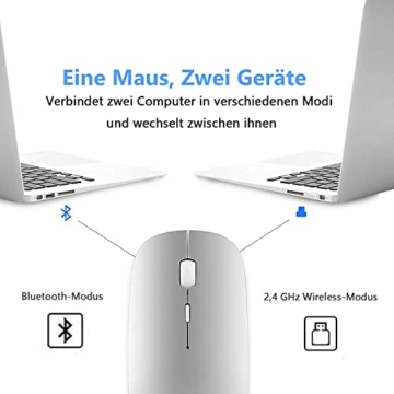 Kabellose Bluetooth Maus für MacBook Pro/Air/Mac/iPad/Laptop/Desktop/Mac/PC/Computer/Telefon - Tragbare schlanke, leise Büromäuse mit USB-C-Adapter 2,4 GHz -Mäuse Kabellos (Silber) - 2