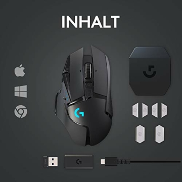 Logitech G502 LIGHTSPEED kabellose Gaming-Maus mit HERO 25K DPI Sensor, Wireless Verbindung, USB-Anschluss, RGB-Beleuchtung, Gewichtstuning, POWERPLAY-kompatibel, PC/Mac - Schwarz - 9