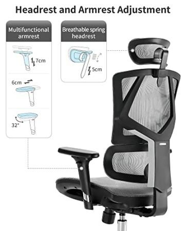 SIHOO Ergonomischer Bürostuhl, Computer-Schreibtischstuhl, atmungsaktives Netzgewebe, hohe Rückenlehne mit verstellbarer Rückenlehnenhöhe, 3D-Armen,Kopfstütze und dynamischer Lendenwirbelstütze (Grau) - 3