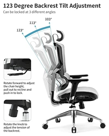 SIHOO Ergonomischer Bürostuhl, Computer-Schreibtischstuhl, atmungsaktives Netzgewebe, hohe Rückenlehne mit verstellbarer Rückenlehnenhöhe, 3D-Armen,Kopfstütze und dynamischer Lendenwirbelstütze (Grau) - 4