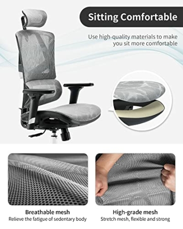 SIHOO Ergonomischer Bürostuhl, Computer-Schreibtischstuhl, atmungsaktives Netzgewebe, hohe Rückenlehne mit verstellbarer Rückenlehnenhöhe, 3D-Armen,Kopfstütze und dynamischer Lendenwirbelstütze (Grau) - 5
