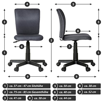 Kinderbürostuhl Drehstuhl ohne Armlehnen leicht höhenverstellbar Grau gepolstert mit Rädern Meshbezug Schreibtischstuhl - 7