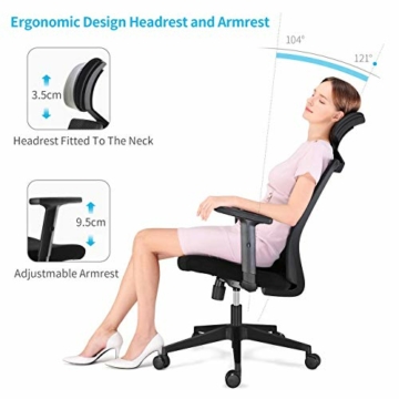 SIHOO Bürostuhl, ergonomischer Schreibtischstuhl, Drehstuhl mit hoher Rückenlehne, Lordosenstütze, verstellbare PU-Kopfstütze, Armlehnen- und Wippenfunktion, Home-Office-Stuhl aus Mesh (schwarz) - 4