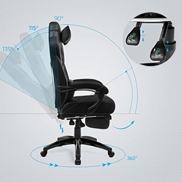 SONGMICS Gaming Stuhl, Bürostuhl mit Fußstütze, Schreibtischstuhl, ergonomisches Design, verstellbare Kopfstütze, Lendenstütze, bis zu 150 kg belastbar, schwarz OBG077B01 - 4