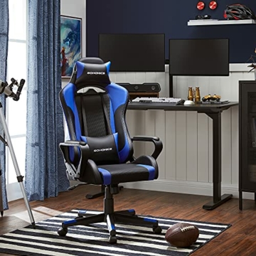 SONGMICS Gaming Stuhl, Schreibtischstuhl, Computerstuhl, Bürostuhl, abnehmbare Kopfstütze, Lendenkissen, höhenverstellbar, Wippfunktion, bis 150 kg belastbar, ergonomisch, schwarz-blau RCG011B02 - 9