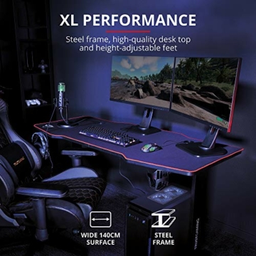 Trust XL Gaming Tisch (140 x 66 cm) GXT 1175 Imperius - Computer Tisch in Desk-Größe, Headset und Becherhalter, Kabelmanagementsystem, PC Schreibtisch - Schwarz - 2
