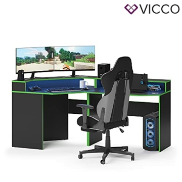 Vicco Gaming Desk Schreibtisch Kron Gamer PC Tisch Computertisch Bürotisch (Computertisch Set 3, Schwarz-Grün) - 7