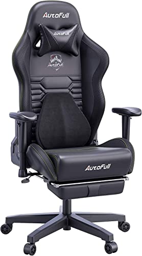 AutoFull Gaming-Stuhl Bürostuhl Schreibtischstuhl mit ergonomischer Lordosenstütze, PU-Leder im Racing-Stil, PC-Drehstuhl mit hoher Rückenlehne, verstellbar, mit Fußstütze, Schwarz - 1