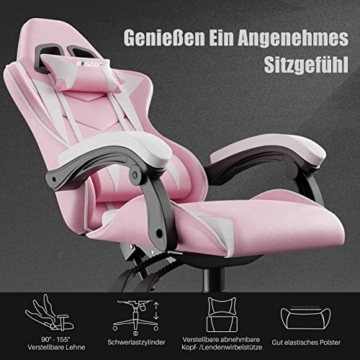 bigzzia Gaming Stuhl Ergonomisch - Gamer Stühle mit Lendenkissen + Kopfstütze Gaming Chair Höhenverstellbar Computerstuhl Bürostuhl für Erwachsene Mädchen Junge, Rosa - 2