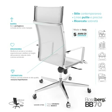 Bossberg BB70 Schreibtischstuhl - Bürostuhl, orthopädischer Bürostuhl, postural, Gebogene Rückenlehne, Stahlbürostuhl mit Rollen, für Arbeitszimmer und Computer (Chrom/Weiß) - 2