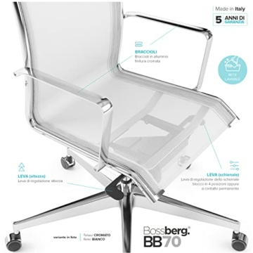 Bossberg BB70 Schreibtischstuhl - Bürostuhl, orthopädischer Bürostuhl, postural, Gebogene Rückenlehne, Stahlbürostuhl mit Rollen, für Arbeitszimmer und Computer (Chrom/Weiß) - 4