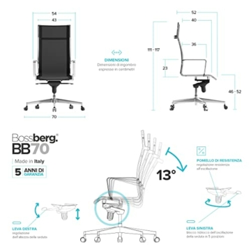 Bossberg BB70 Schreibtischstuhl - Bürostuhl, orthopädischer Bürostuhl, postural, Gebogene Rückenlehne, Stahlbürostuhl mit Rollen, für Arbeitszimmer und Computer (Chrom/Weiß) - 6